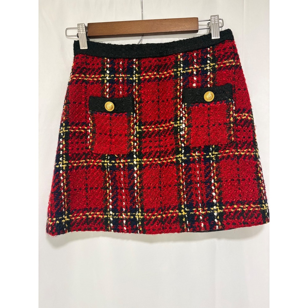 Zara Red Plaid Bouclé Tweed Mini Skirt Black Trim Gold Buttons XS - Picture 6 of 11